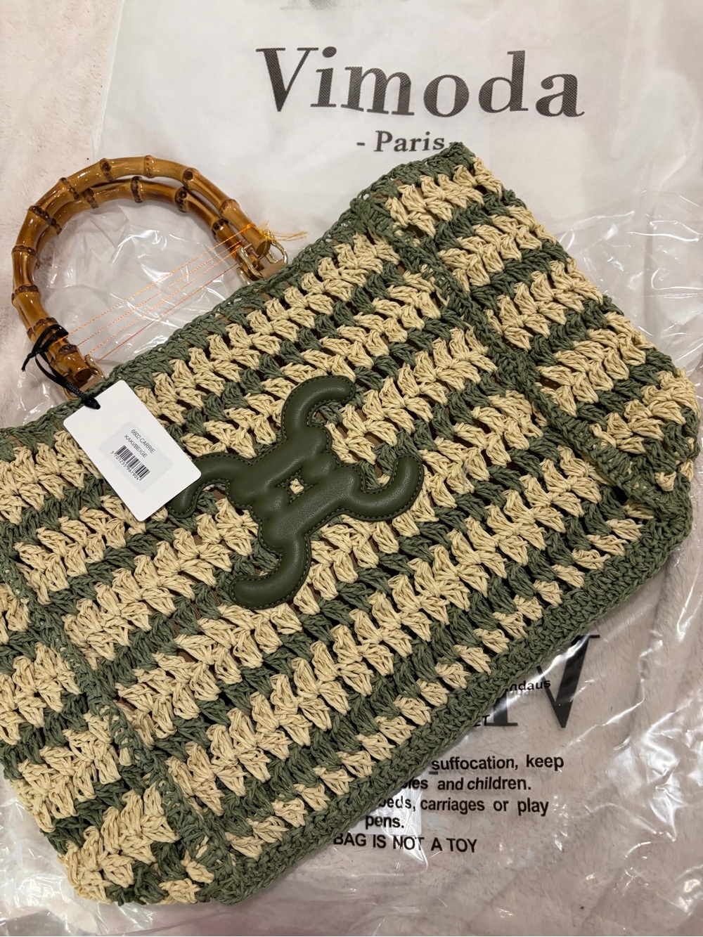 ViaModa Official Imported Logo Tote in Olive Green and Cream with Bamboo Handles